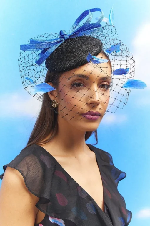 Lisa Tan Bow And Mesh Feather Detail Pillbox Fascinator
