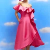 Lisa Tan Off Shoulder Ruffle Twill Midi Dress