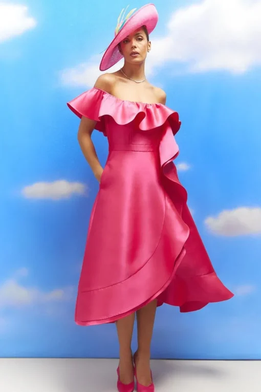 Lisa Tan Off Shoulder Ruffle Twill Midi Dress