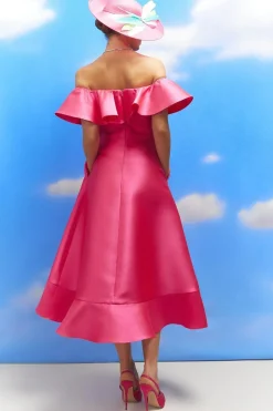 Lisa Tan Off Shoulder Ruffle Twill Midi Dress