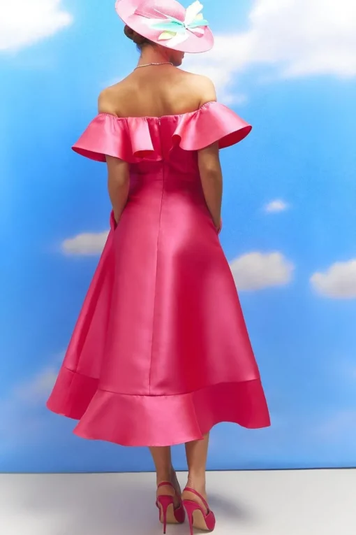Lisa Tan Off Shoulder Ruffle Twill Midi Dress
