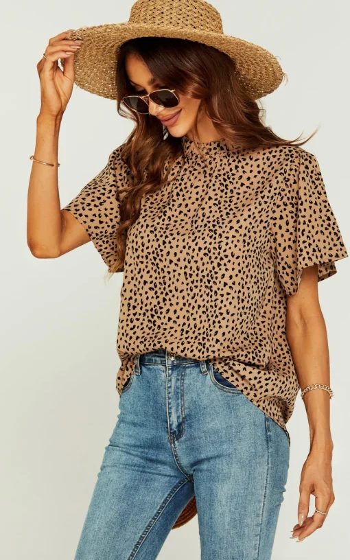 Little Heart Print Angle Sleeve High Neck Top/Blouse In Beige