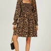 Long Puff Sleeve Mini Dress In Brown Leopard Print