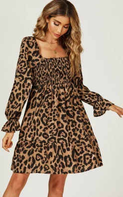 Long Puff Sleeve Mini Dress In Brown Leopard Print