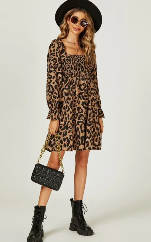 Long Puff Sleeve Mini Dress In Brown Leopard Print