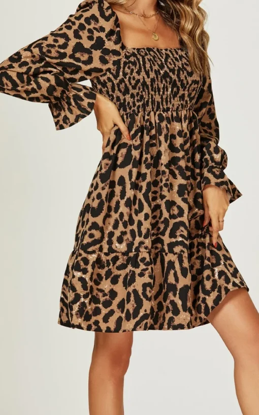 Long Puff Sleeve Mini Dress In Brown Leopard Print