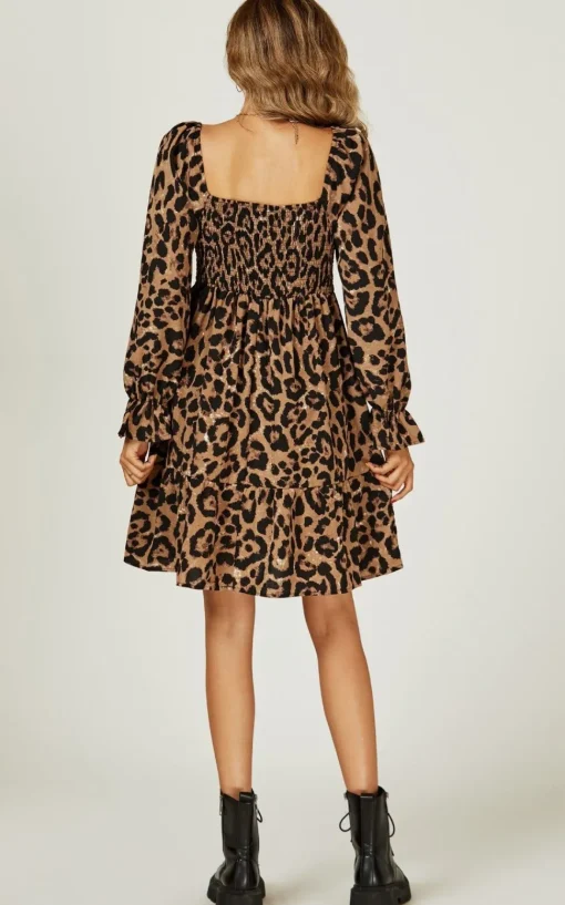 Long Puff Sleeve Mini Dress In Brown Leopard Print