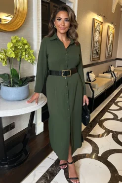 Long Sleeve Belted Shirt Midi Dress