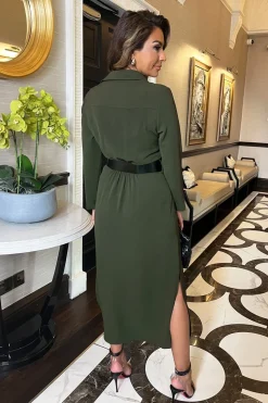 Long Sleeve Belted Shirt Midi Dress