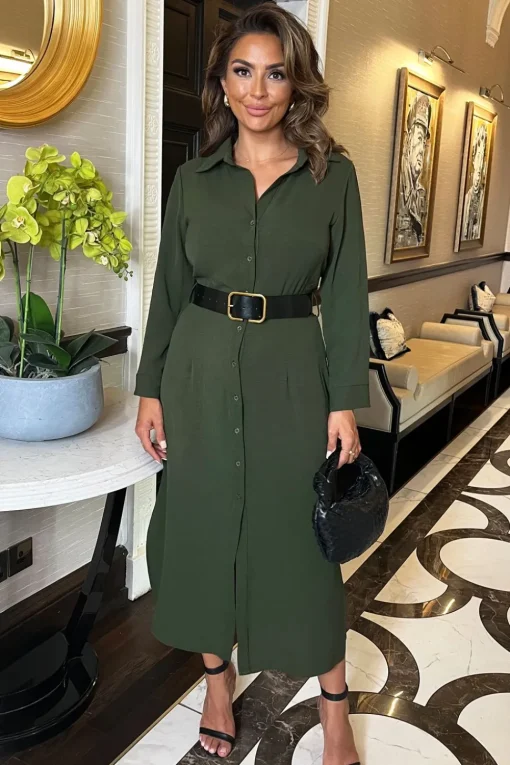 Long Sleeve Belted Shirt Midi Dress