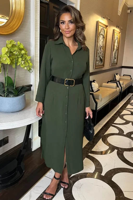 Long Sleeve Belted Shirt Midi Dress