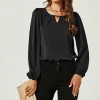 Long Sleeve Cut Detailed Neckline Blouse Top