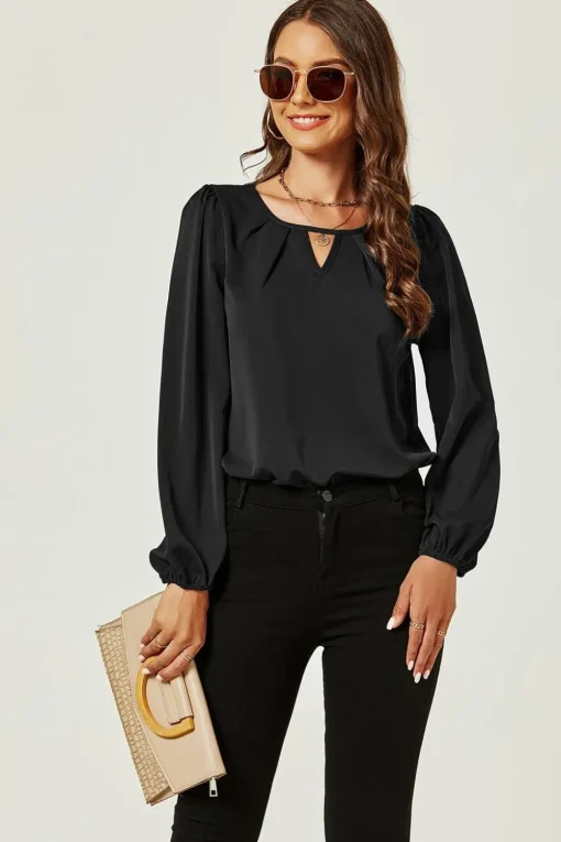 Long Sleeve Cut Detailed Neckline Blouse Top