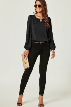 Long Sleeve Cut Detailed Neckline Blouse Top