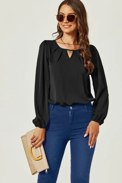Long Sleeve Cut Detailed Neckline Blouse Top