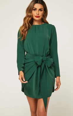 Long Sleeve Knot Tie Front Mini Dress In Green