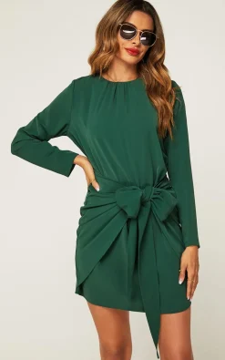 Long Sleeve Knot Tie Front Mini Dress In Green