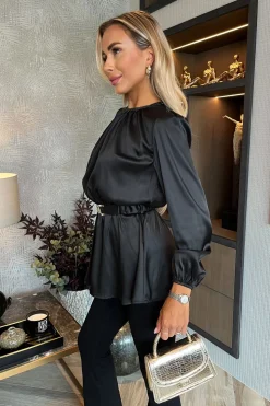 Long Sleeve Satin Belted Top