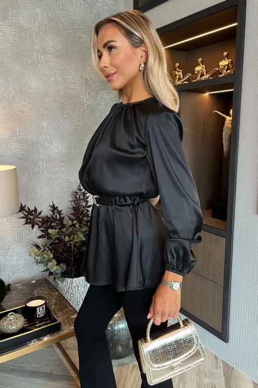 Long Sleeve Satin Belted Top