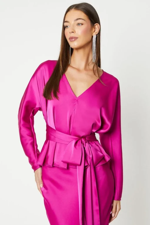 Long Sleeve Satin Top With Tie Detail