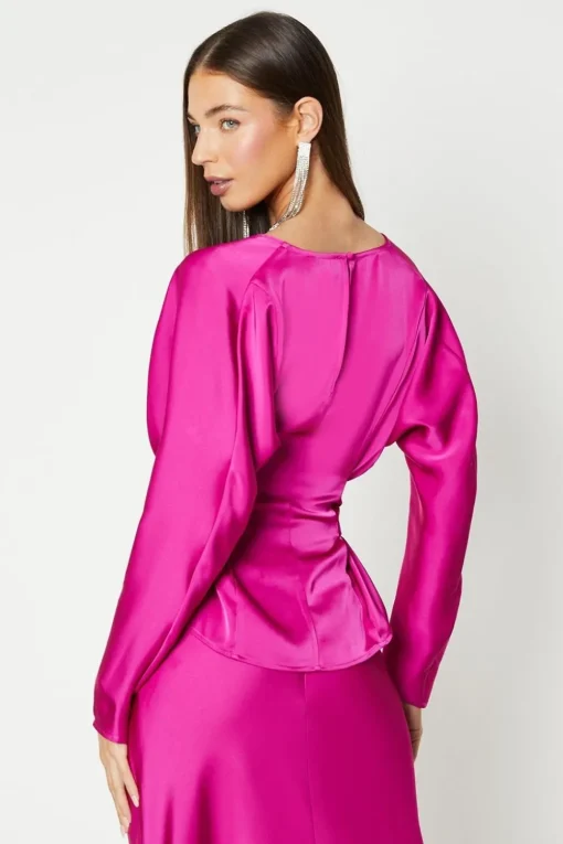 Long Sleeve Satin Top With Tie Detail