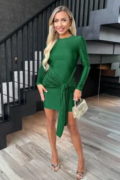 Long Sleeve Slinky Bodycon Mini Dress with Front Sash