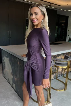 Long Sleeve Slinky Bodycon Mini Dress with Front Sash