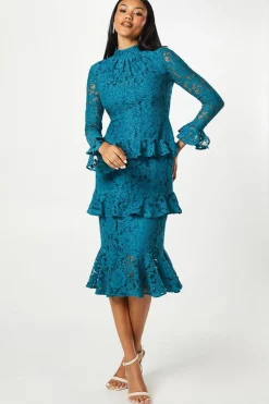Long Sleeve Tiered Ruffle Lace Midi Dress
