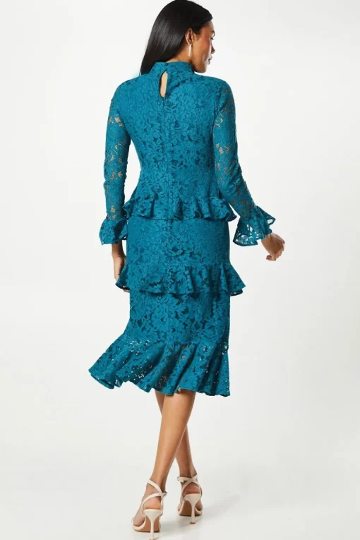 Long Sleeve Tiered Ruffle Lace Midi Dress