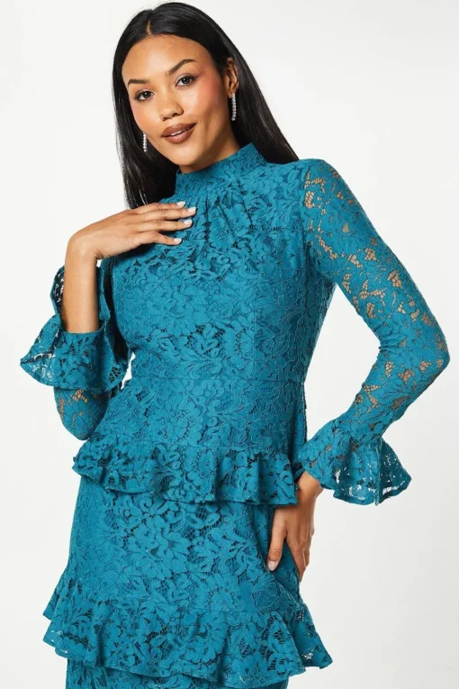 Long Sleeve Tiered Ruffle Lace Midi Dress