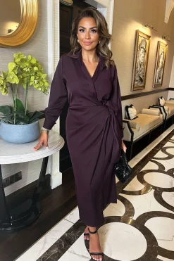 Long Sleeve Wrap Shirt-Style Midi Dress