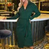 Long Sleeve Wrap Shirt-Style Midi Dress