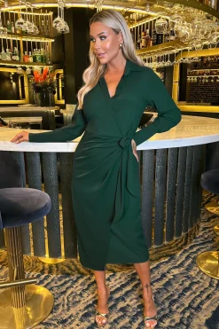 Long Sleeve Wrap Shirt-Style Midi Dress