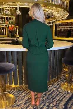 Long Sleeve Wrap Shirt-Style Midi Dress