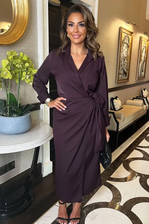 Long Sleeve Wrap Shirt-Style Midi Dress