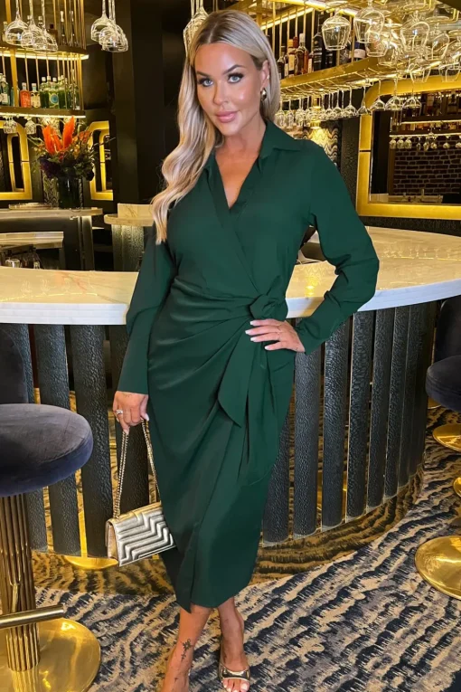 Long Sleeve Wrap Shirt-Style Midi Dress
