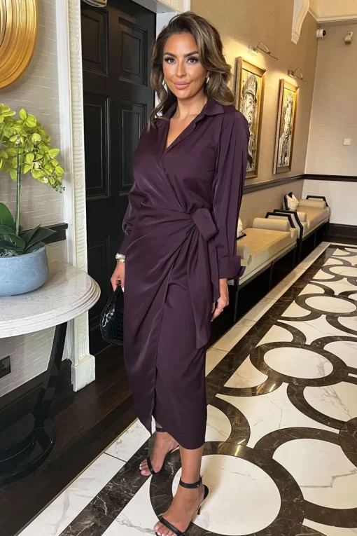 Long Sleeve Wrap Shirt-Style Midi Dress