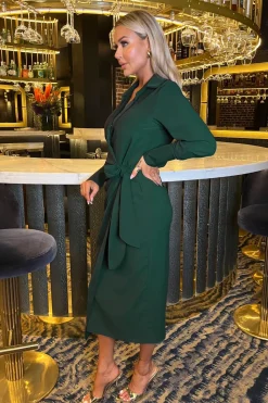 Long Sleeve Wrap Shirt-Style Midi Dress