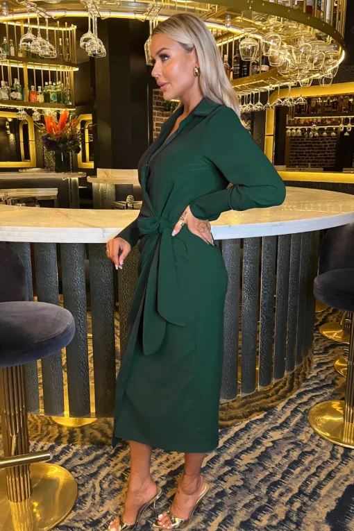 Long Sleeve Wrap Shirt-Style Midi Dress