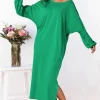 Long Sleeves Scoop Neckline Slit Hem Midi Dress In Green