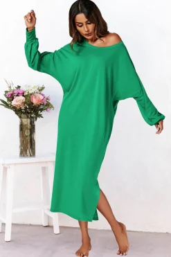 Long Sleeves Scoop Neckline Slit Hem Midi Dress In Green