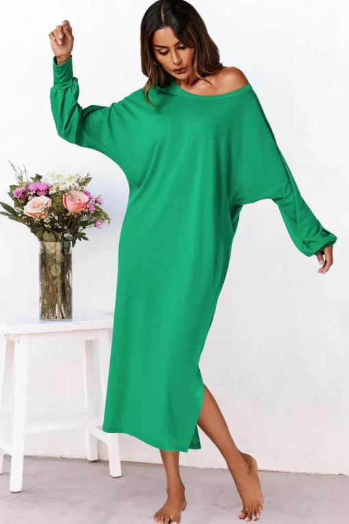 Long Sleeves Scoop Neckline Slit Hem Midi Dress In Green