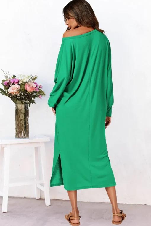 Long Sleeves Scoop Neckline Slit Hem Midi Dress In Green