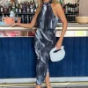 Marble Print Halter Neck Ruched Mesh Midi Dress