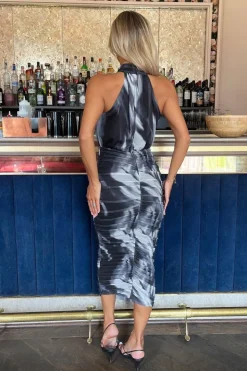 Marble Print Halter Neck Ruched Mesh Midi Dress