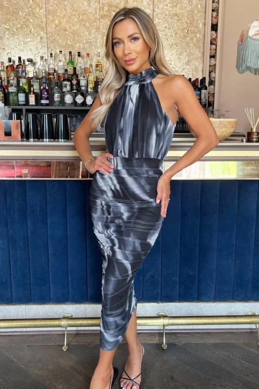 Marble Print Halter Neck Ruched Mesh Midi Dress