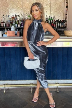 Marble Print Halter Neck Ruched Mesh Midi Dress