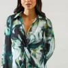 Marble Print Knot Detail Collared Blouse