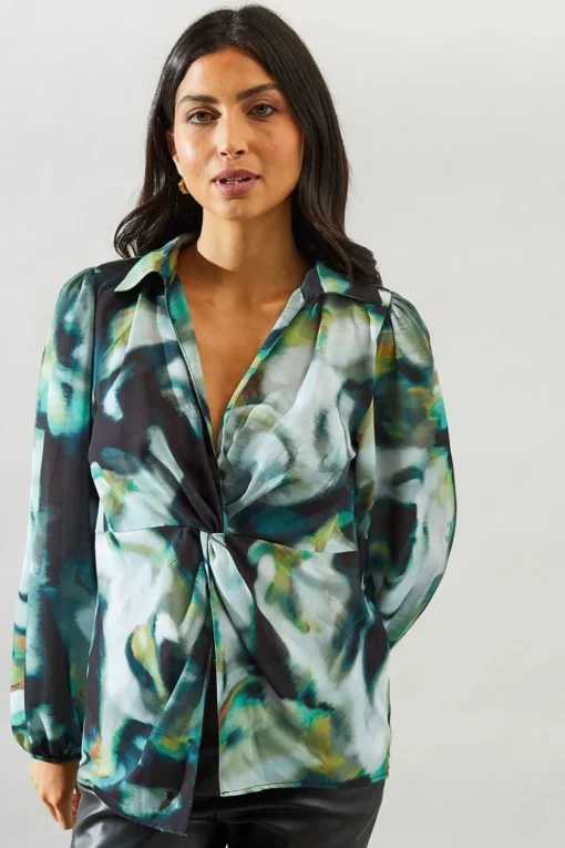 Marble Print Knot Detail Collared Blouse
