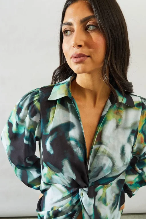 Marble Print Knot Detail Collared Blouse